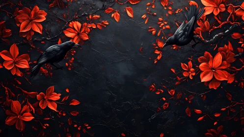 Midnight ravens drifting through scarlet flower dreams.