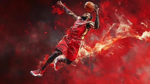 Soaring basketball player rises through blazing red energy