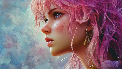 Side profile portrait of pink haired woman in digital art.