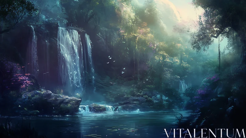 Mystical forest waterfall over tranquil reflective lagoon.