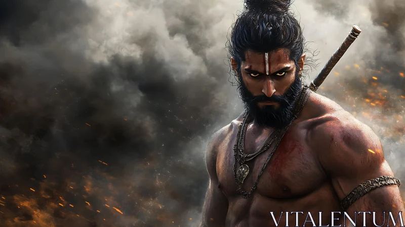 Warrior with sword stands amid burning battlefield smoke