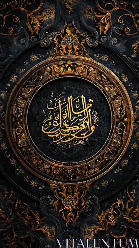 Gilded Arabic calligraphy haloed by ornate baroque swirls.