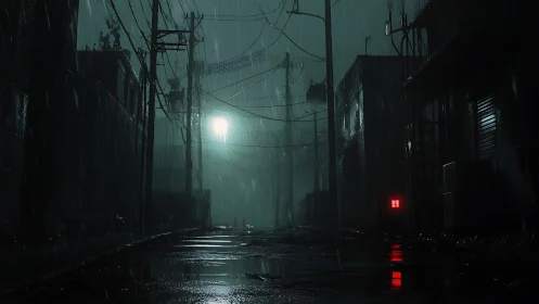 Moody rainy alley glowing with neon hints and quiet mystery.