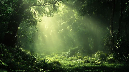 Dense Temperate Forest Canopy with Volumetric Luminescence.