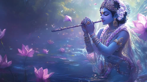 Divine blue figure playing flute in glowing lotus pond