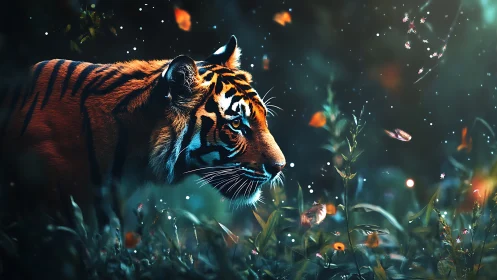Tiger moving through glowing forest with butterflies at dusk.