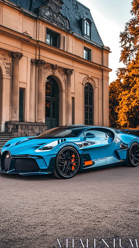 Blue hypercar parked before historic mansion at sunset.