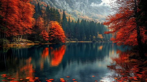 Autumn forest lake with crimson foliage reflections at dusk.