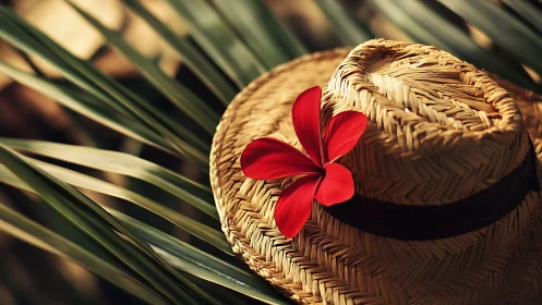 Sunlit straw hat with a bold red flower in palm shade.