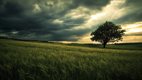 Isolated field oak under convective storm-light gradient dynamics.