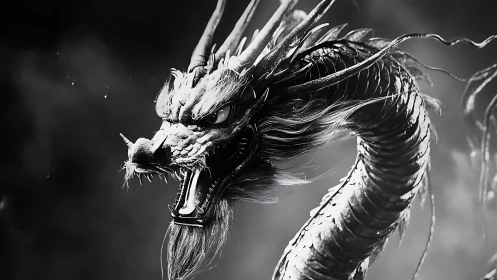 Monochrome serpentine dragon with detailed scaled head.
