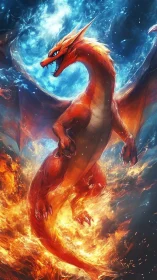 Inferno wyrm rising through a storm of molten starlight.