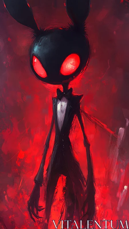 Elongated tuxedoed rabbit entity with glowing red ocular cores