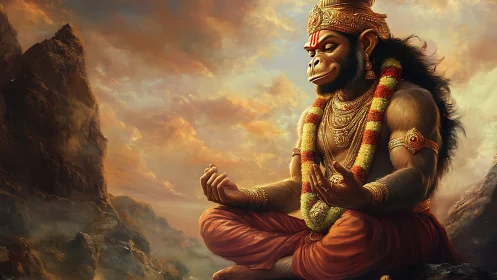 Meditating monkey deity sits serenely amid glowing mountains.