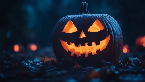 Carved jack-o-lantern emits internal light in low ambient scene
