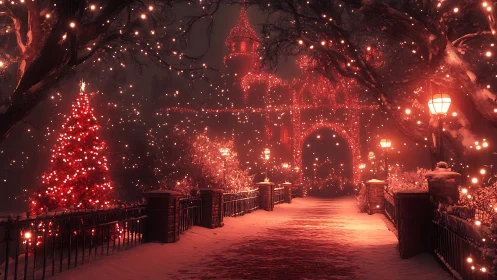 Snowy Christmas walkway glows with gentle red holiday lights