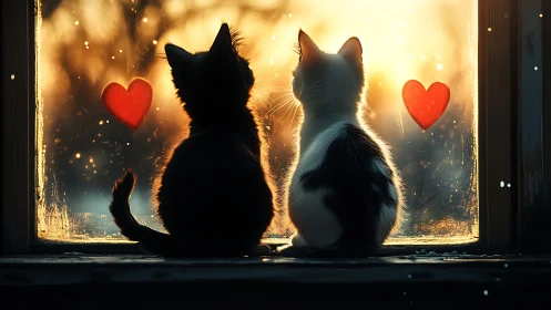 Two cats in silhouette positioned at window with golden backlighting.