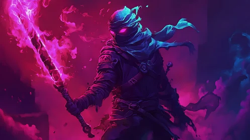 Hooded arcane warrior wields flaming staff in neon mist.