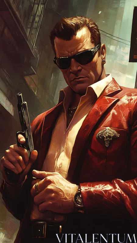 Man in red suit holds handgun in narrow urban alley