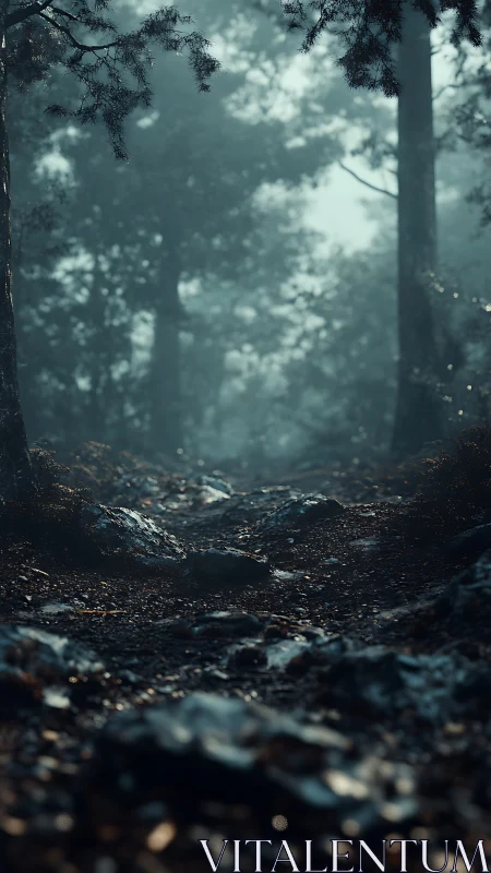 Misty forest path with tall conifers and rocky ground