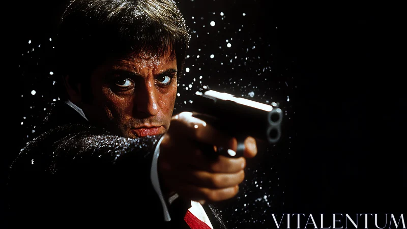 Man in suit points handgun forward in dramatic low light