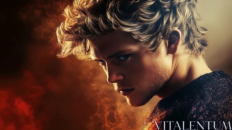 Smoldering young portrait glows in dramatic firelit mist