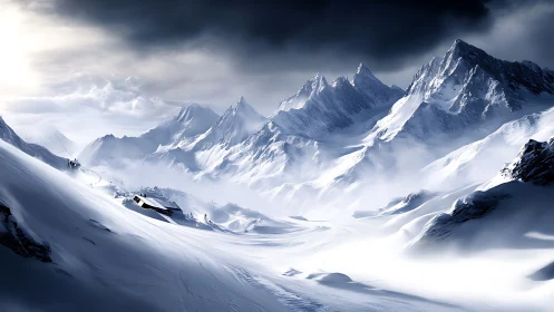 High-contrast alpine valley under storm-lit stratified cloud ceiling