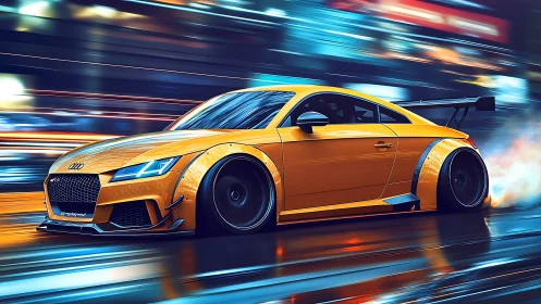 Yellow tuned sports coupe drifts along wet neon city street