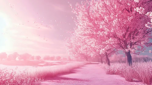 Pink blossom pathway extends through glowing spring landscape