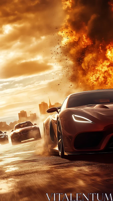 Supercars outrun firestorm across sunlit city highway.
