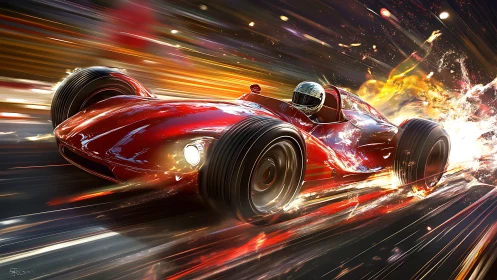 Streamlined red race car explodes through light trails at speed