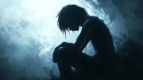 Quiet silhouette in stormy blue clouds of solitary calm.