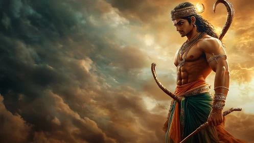 Warrior prince stands beneath stormlit skies in solemn resolve