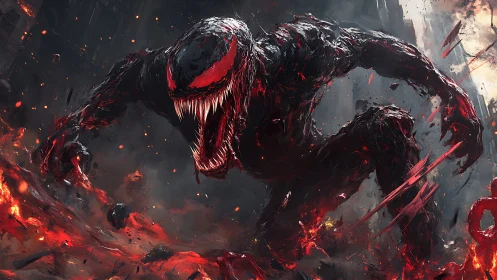 Molten-jawed symbiote lunges through a storm of burning rubble
