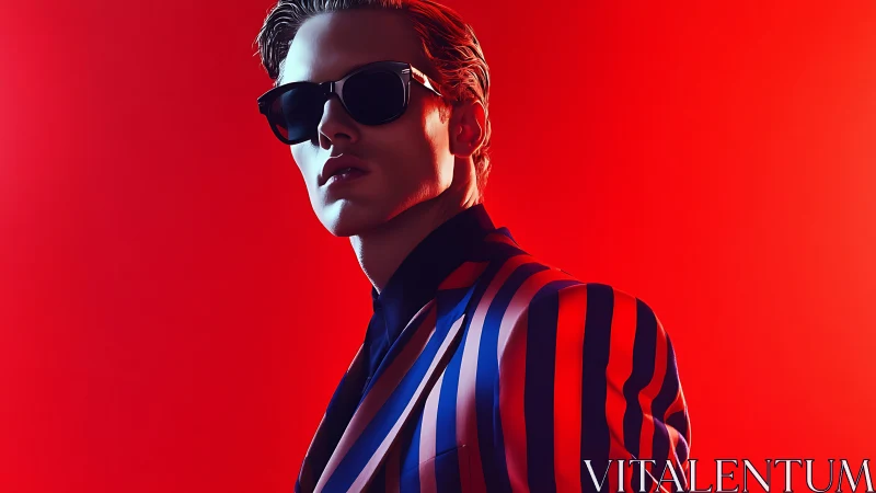 Stylish figure in bold stripes against glowing red light.