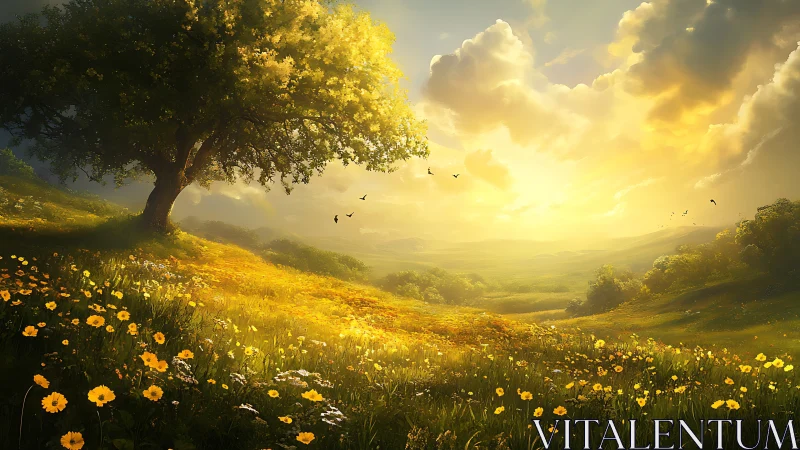 Golden meadow sunrise under solitary flowering oak tree.