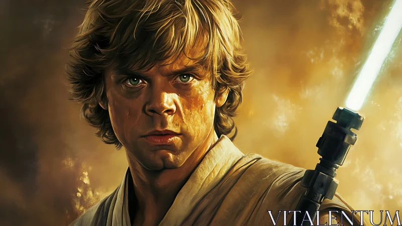 Digital portrait of young sci‑fi hero with glowing weapon.