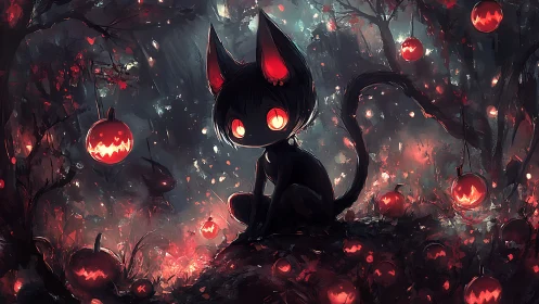 Cat-like silhouette in red lit forest with carved pumpkins.