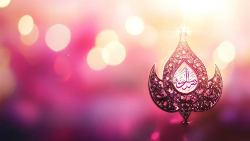 Ornamental Arabic calligraphy stands against defocused lights