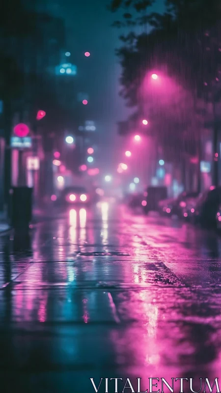 Neon lights reflect on wet city street during rainfall at night