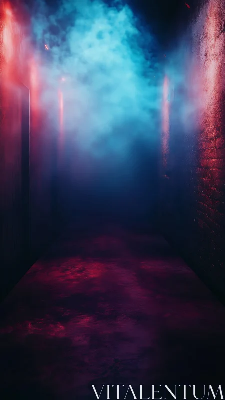 Moody neon hallway wrapped in swirling red and blue fog.