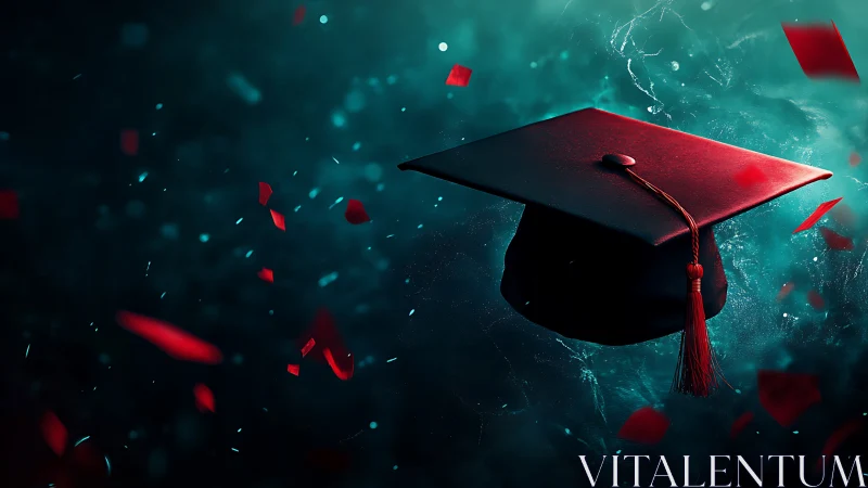 Graduation cap suspended in teal light with red confetti.