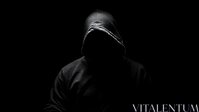 Hooded figure in deep shadow obscures all facial details