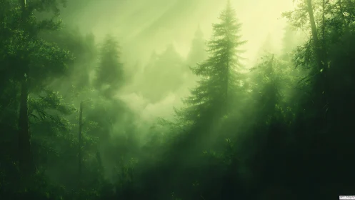 Misty Coniferous Forest Bathed in Ethereal Sunlight