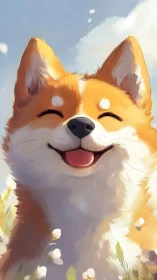 Smiling Shiba portrait rendered in soft atmospheric digital paint