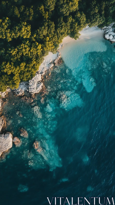 Hidden cove of turquoise waters and sunlit forest edge.