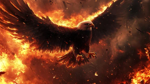 Majestic Bald Eagle Soars Through Fiery Inferno in Dramatic Digital Art.
