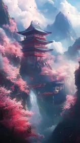 Sky-borne pagoda leans into a storm of drifting sakura dreams