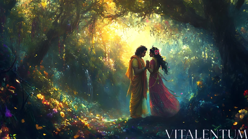 Sunlit forest lovers in a dreamy, blooming twilight glade.