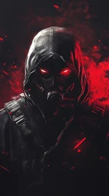Hooded gas mask warrior glares through red inferno haze